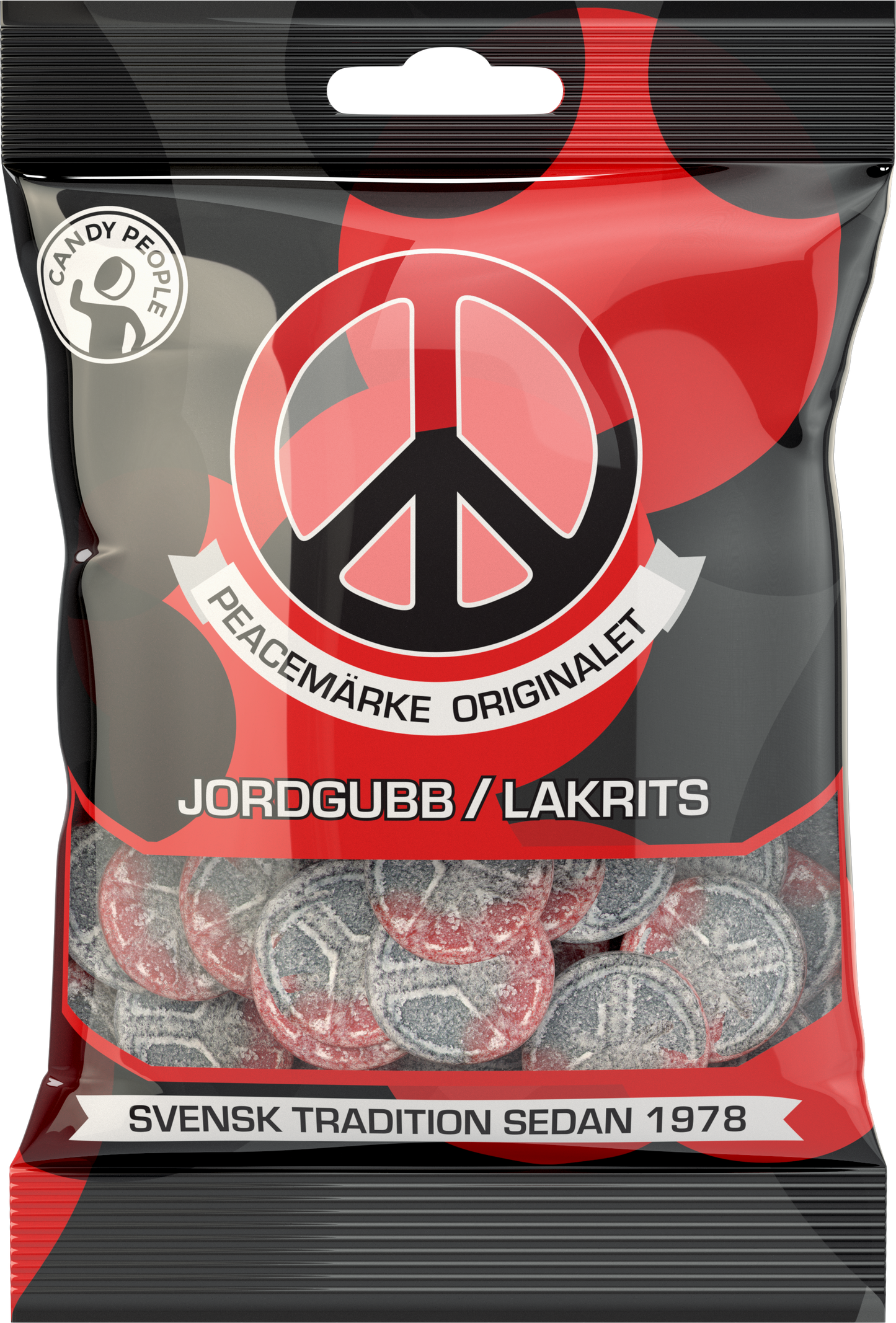 Schwedische Erdbeer-Lakritz-Fruchtgummis – Candy People Peacemärke | 18×80g Karton